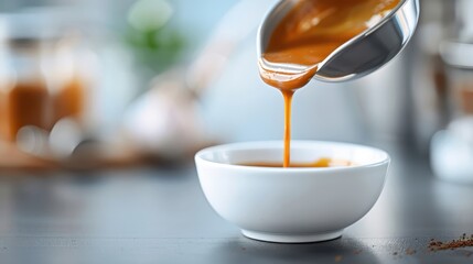 Rich, smooth gravy pouring from a ladle into a white bowl, highlighting its velvety texture and deep brown color.