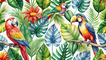 Watercolor tropical pattern with toucan, scarlet macaw parrot, Alexandrine parrot, Monstera leaves, schefflera leaves, and crotons