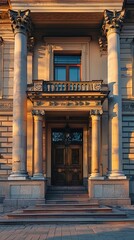 Fototapeta premium An ornate entrance to a building with two columns, a balcony, and a wooden door.