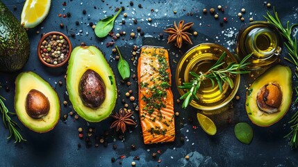 Top view of fresh raw salmon and sliced avocado  a healthy mediterranean diet inspiration