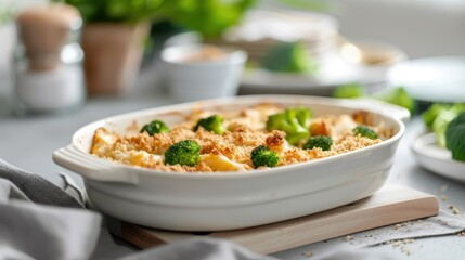 Broccoli-themed dish like broccoli and cheddar casserole or broccoli salad, featuring fresh broccoli as a key ingredient, set on a clean table.