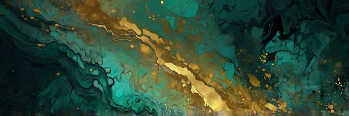 Obraz premium Golden and green seamless pattern illustration wallpaper background textured digital ink swirl 3d render graphical design