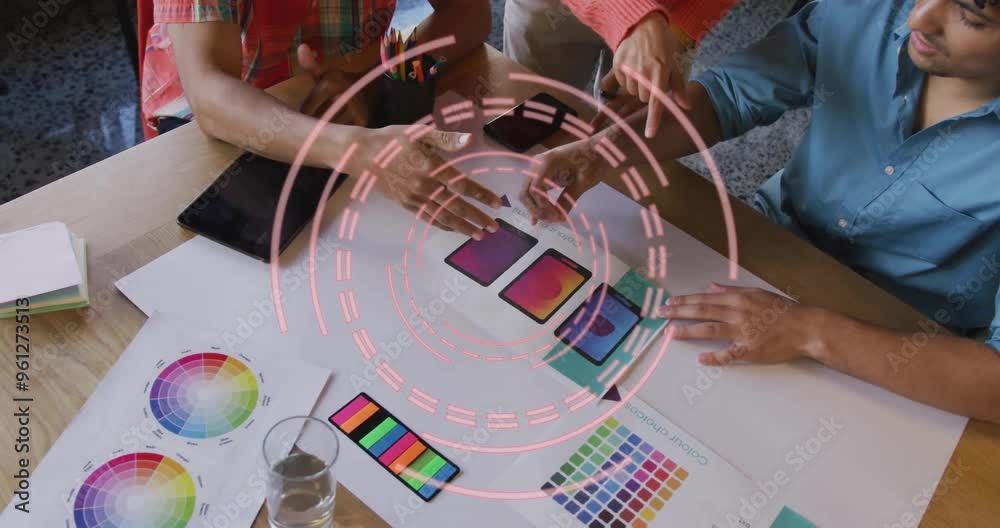 Poster Designing color palettes over animation of circular digital interface