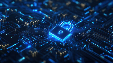 Cybersecurity digital data protection concept. Digital data security padlock on futuristic circuit board. Digital security system. Abstract futuristic cybersecurity. High technology. Copy space area