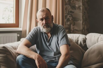 Fototapeta premium A lonely middle-aged man reflects on life during lockdown, feeling isolated and burdened by past choices and current struggles