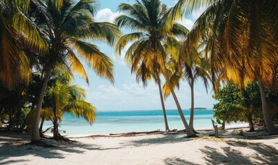 Fototapeta premium Palm trees and a tropical beach with a peaceful and vibrant ambiance.