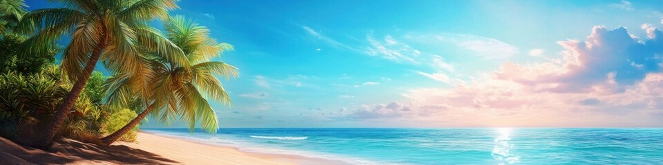 Obraz premium Palm trees and a tropical beach with vibrant colors and a serene atmosphere. Banner.