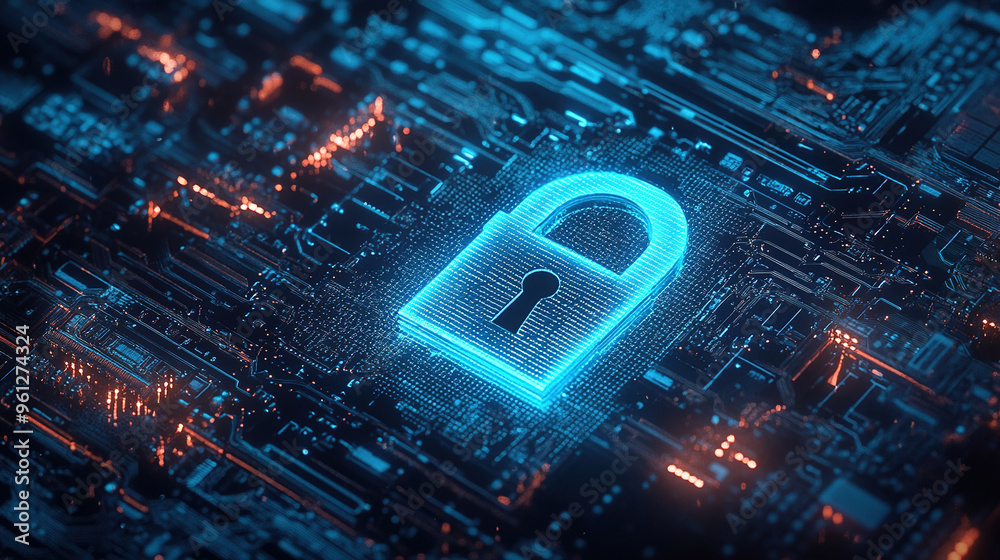 Poster cybersecurity digital data protection concept. digital data security padlock on futuristic circuit b
