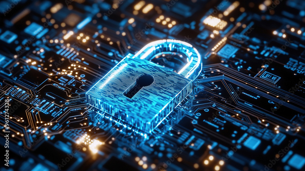 Poster cybersecurity digital data protection concept. digital data security padlock on futuristic circuit b