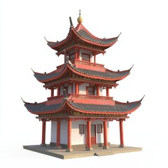 Naklejka premium 3D Render of a traditional Chinese pagoda with layered roofs and red pillars, on isolated white background