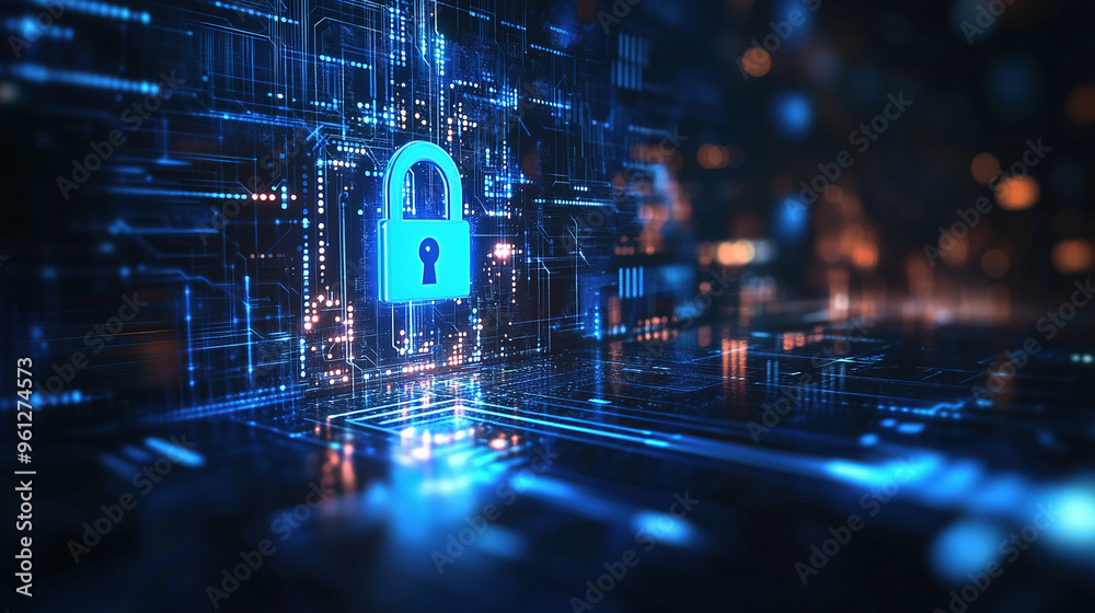Poster cybersecurity digital data protection concept. digital data security padlock on futuristic circuit b
