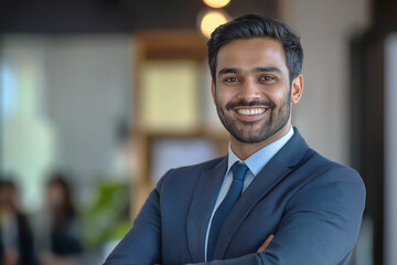 Fototapeta premium A man, a businessman of Indian appearance, a 40-year-old lawyer in a business suit for a law firm, close-up with a smile on his face. Business style. Office work concept. Advertising banner.