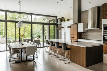 Fototapeta premium Modern kitchen with large windows and a spacious dining area, blending indoor and outdoor spaces.