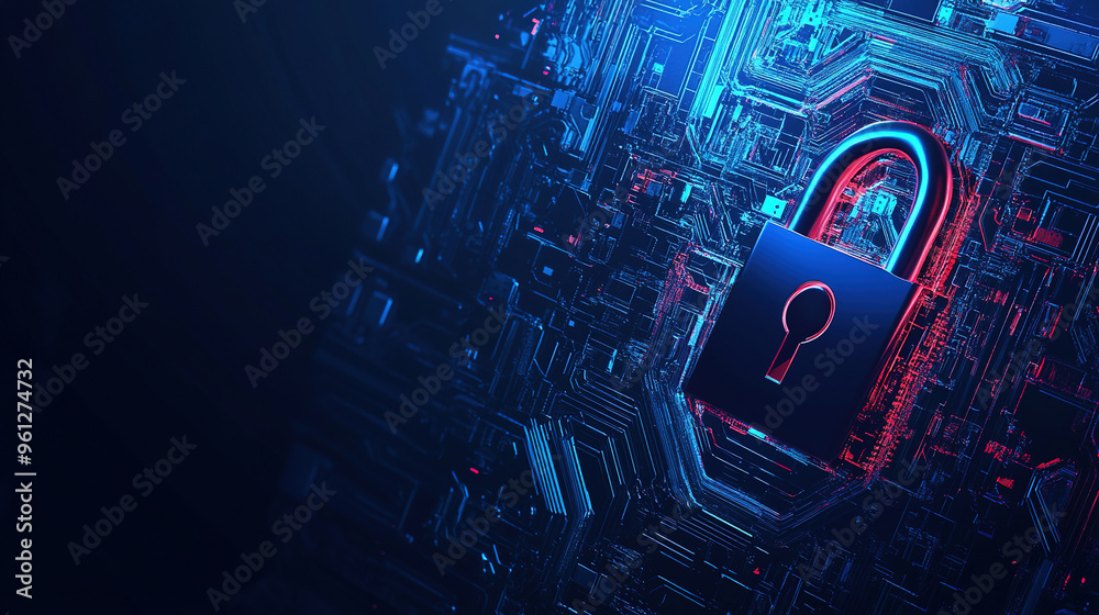 Poster cybersecurity digital data protection concept. digital data security padlock on futuristic circuit b