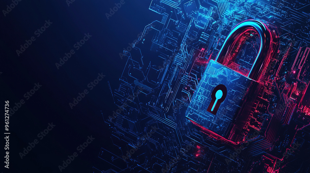 Poster cybersecurity digital data protection concept. digital data security padlock on futuristic circuit b