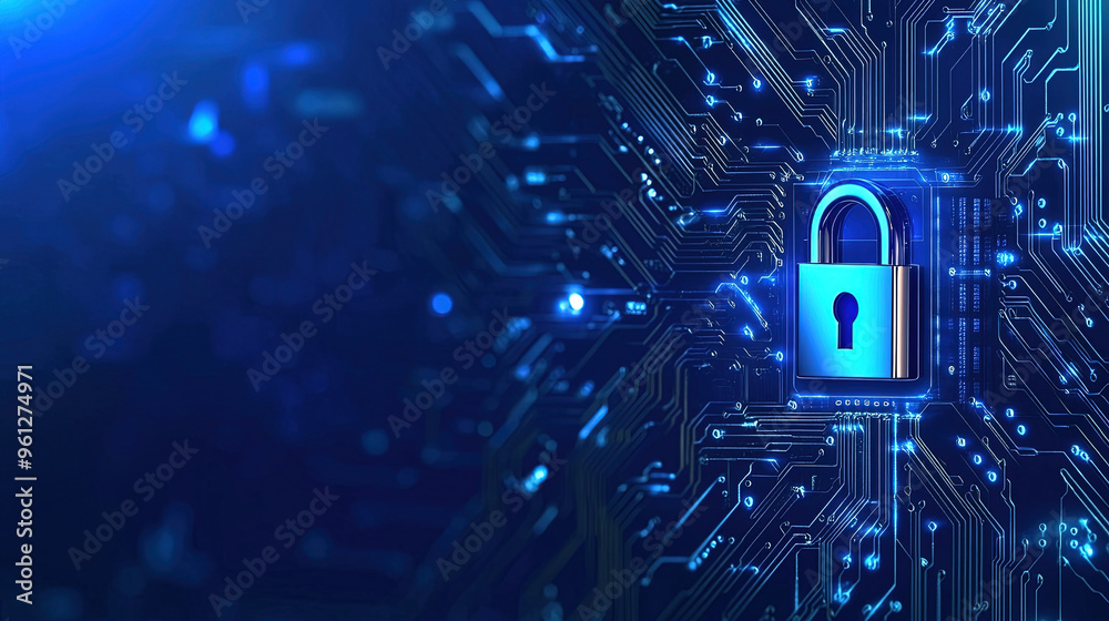 Poster cybersecurity digital data protection concept. digital data security padlock on futuristic circuit b