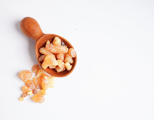 Frankincense or olibanum aromatic resin used in incense and perfumes.