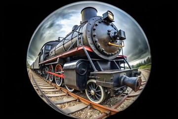 Fototapeta premium Ancient locomotive in fisheye perspective on black background