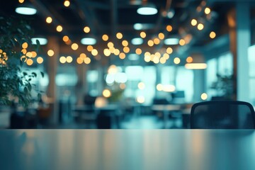 Blurred empty open space office. Abstract light bokeh at office interior background, ai