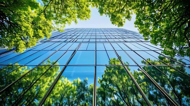 Modern glass building reflecting lush green trees and blue sky, symbolizing environmental sustainability.