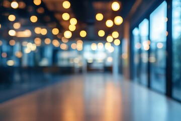 Blurred empty open space office. Abstract light bokeh at office interior background, ai