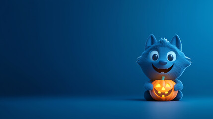 A cheerful blue monster holds a glowing pumpkin, capturing the playful spirit of Halloween in a fun and friendly way.