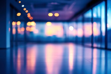 Blurred empty open space office. Abstract light bokeh at office interior background, ai