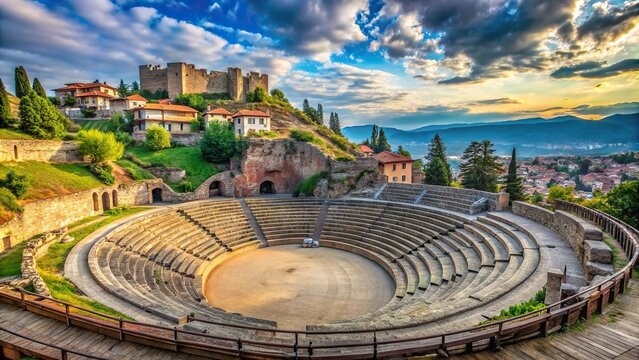Ancient Roman Theatre against Samoil Fortress in Ohrid Macedonia