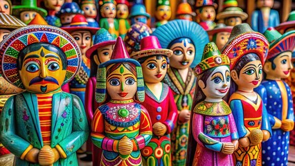 Fototapeta premium Vibrant, intricately designed Mexican artisanal wooden figurines, adorned with bright colors and patterns, stand together, showcasing traditional folk art and cultural heritage.