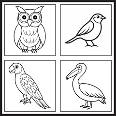 Kids colouring page with bird designs: owl, sparrow, parrot, pelican in detailed line art.
