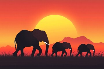 Fototapeta premium Elephants walking through African savannah at sunset with silhouetted trees