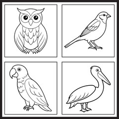 Fototapeta premium Kids colouring page with bird designs: owl, sparrow, parrot, pelican in detailed line art.