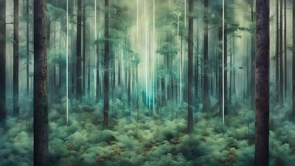 Obraz premium A mixed media piece where a realistic photograph of a forest is intersected by digital glitch effects, merging the natural with the synthetic