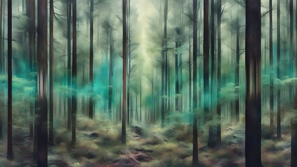 Obraz premium A mixed media piece where a realistic photograph of a forest is intersected by digital glitch effects, merging the natural with the synthetic