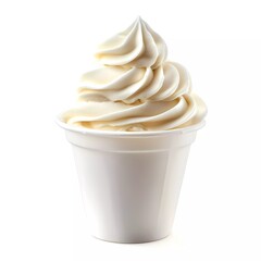 Soft serve vanilla ice cream in a plastic cup isolated on a white background.