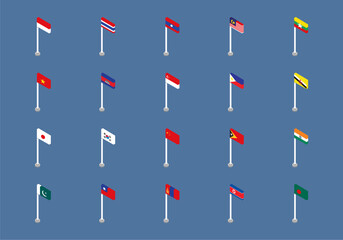 Asian Flag Isometric Element Set 