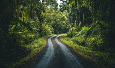 Obraz premium Ground rural road in the middle of a tropical jungle, surrounded by lush greenery and dense foliage.