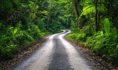 Fototapeta premium Ground rural road in the middle of a tropical jungle, surrounded by lush greenery and dense foliage.