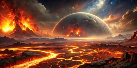 Apocalyptic vision of Venus engulfed in lava and acid rain, a land of fire illuminated by a deep red sky