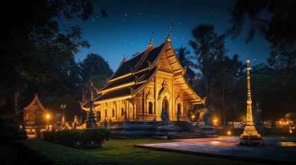 A large golden building with a tall tower and a large fountain in front of it