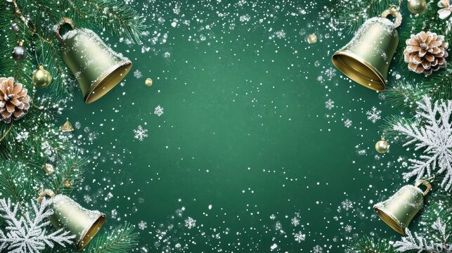 Christmas-themed wallpaper, green background with silver decorations, large blank space in the center for text, with snowflakes and bells along the edges, vibrant colors, cartoonish digital