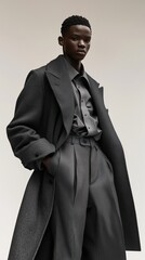 Stylish model showcasing tailored gray ensemble in a minimalist studio setting
