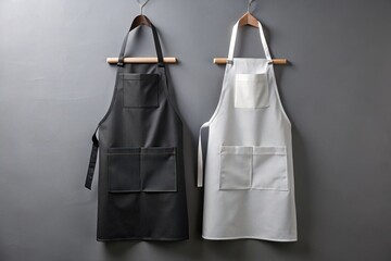 Aprons with pockets in black and white on a grey background at a tilted angle