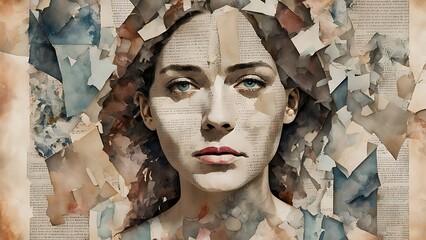 A portrait of a woman composed of fragmented pieces of old newspaper clippings, watercolor washes, and digital brushstrokes, giving a sense of fragmented identity.