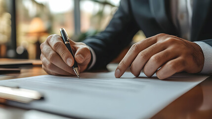 A person writing on paper with a pen in a professional setting.