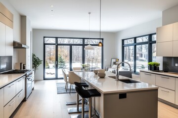 Modern kitchen with large windows overlooking a snowy landscape, featuring sleek design elements.
