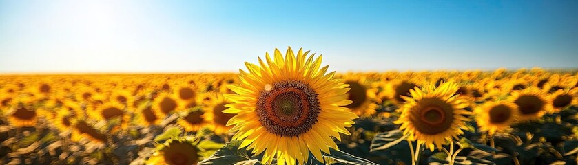Obraz premium A bright sunflower field under a clear blue sky, creating a cheerful and uplifting background