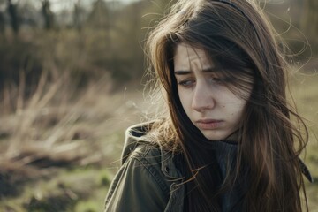 A young woman grapples with her emotions in a field after a difficult argument with her boyfriend on a gloomy afternoon