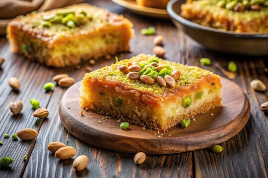 Arabic dessert warbat with qishta kadayif kunafa, pistachio, cheese, traditional, sweet, oriental cuisine, Middle Eastern, gourmet, delicious