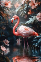 Elegant Flamingo Standing in Tranquil Water Surrounded by Lush Tropical Foliage and Vibrant Flowers